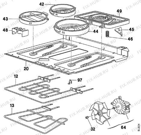 Взрыв-схема плиты (духовки) Electrolux EK6488/2 - Схема узла Oven and Top functional parts